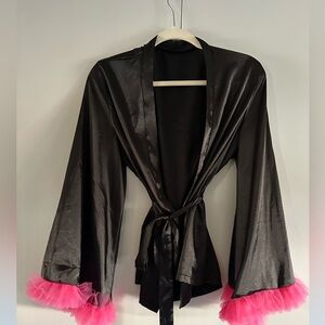 Chic Black Satin Kimono with Vibrant Pink Accents
